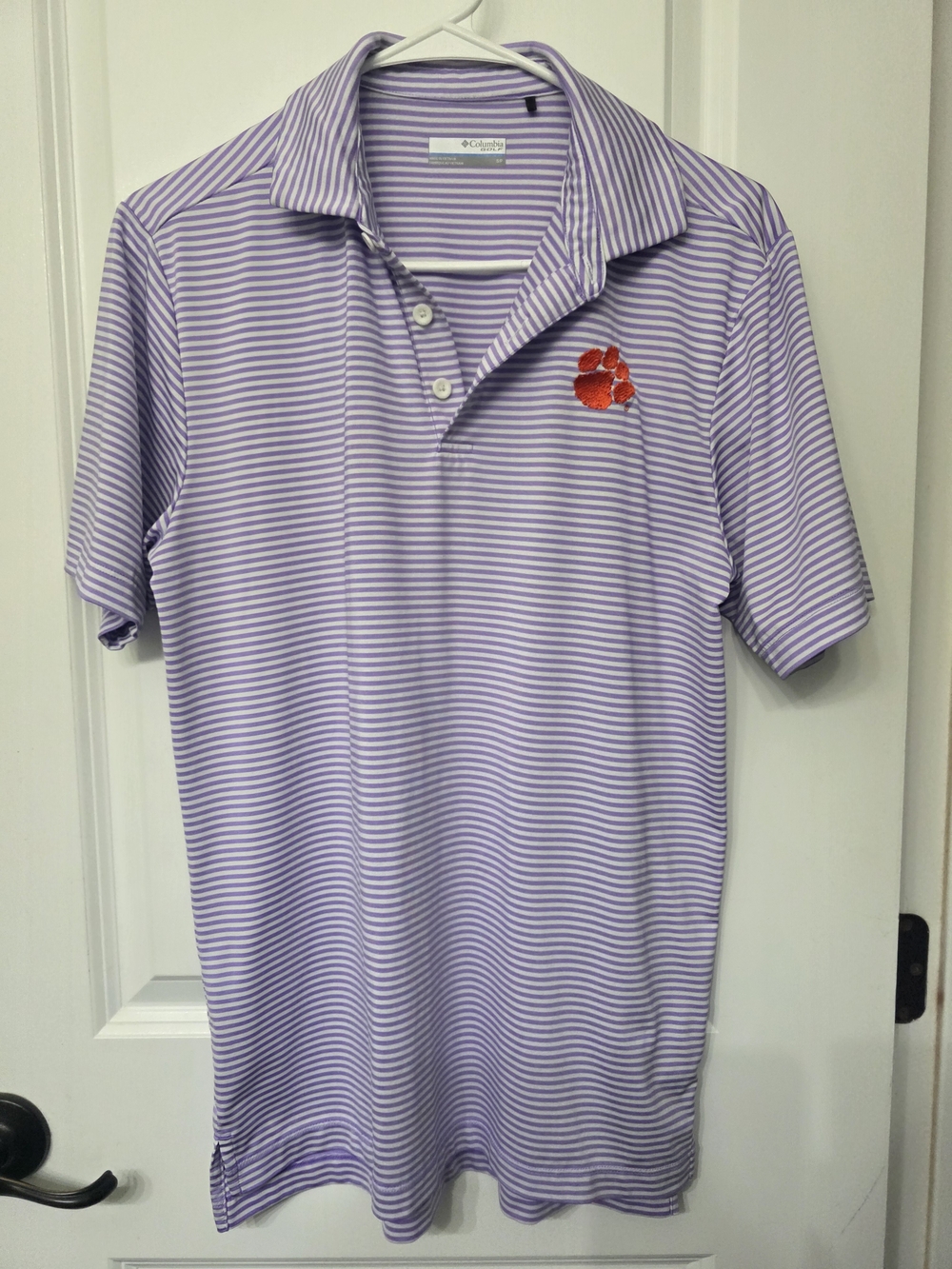 Columbia Lavender Striped Polo with Orange Embroidered Clemson Logo